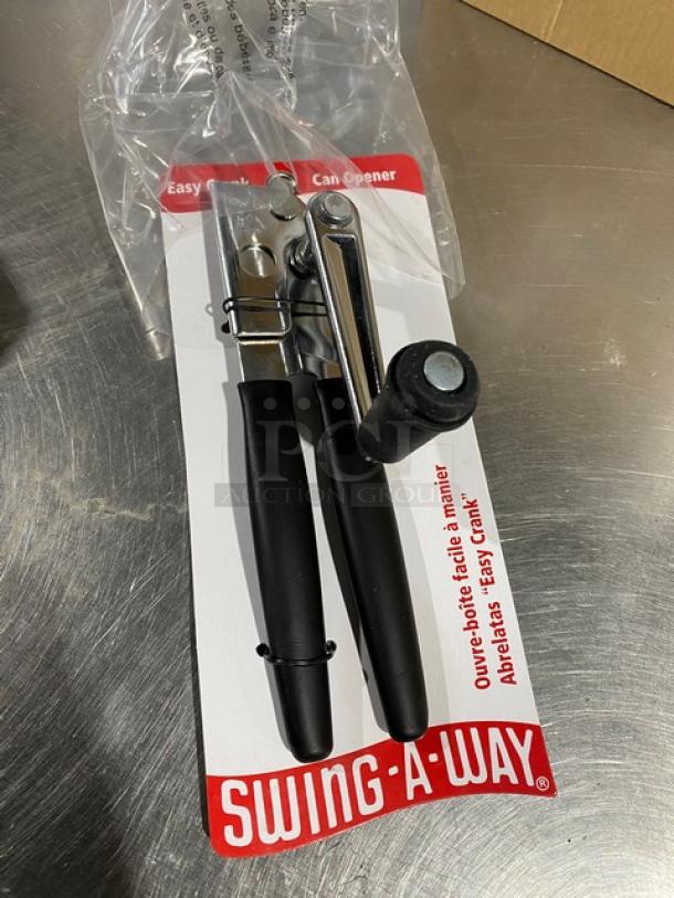 1880 Hospitality Swing-A-Way can opener, Model 6090, stainless steel, easy crank, long grip handle, in original packaging.