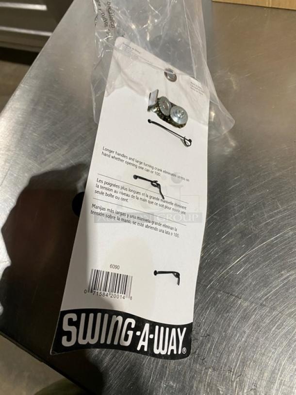 NEW 1880 Hospitality Model 6090 stainless steel can opener, easy crank mechanism, long grip handle, packaging visible.