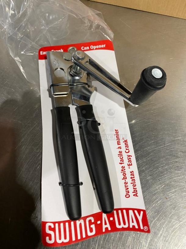 1880 Hospitality Swing-A-Way can opener, model 6090, new. Features large crank mechanism, long grip handle, stainless steel.