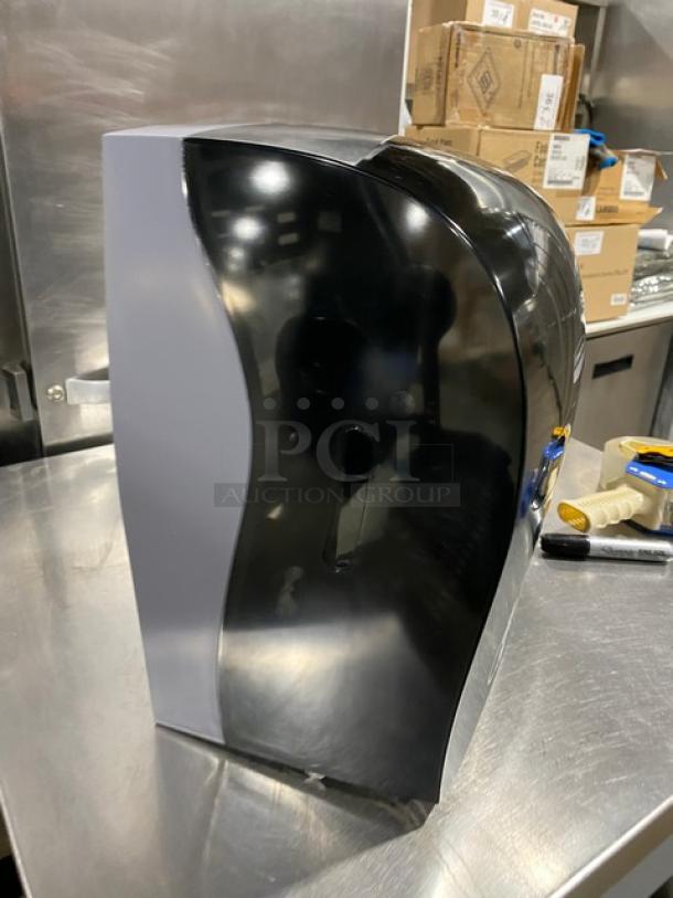 Kimberly Clark Sanitouch Smoke Black Paper Towel Dispenser, Model 09996, new condition, side view.