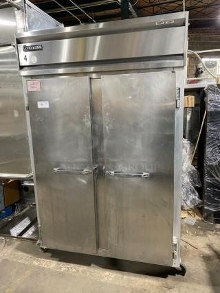 Continental 2F stainless steel 2-door reach-in freezer with pan slides, poly coated wire racks, on casters, Model: 2F SN: A98H4020.