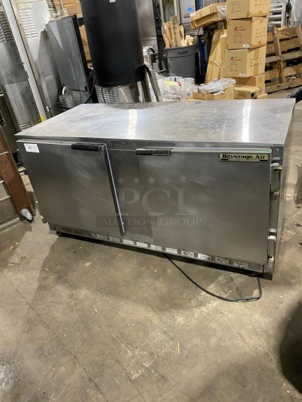 Beverage-Air stainless steel 2-door undercounter refrigerator, with poly coated rack, 115V, on casters, commercial use.