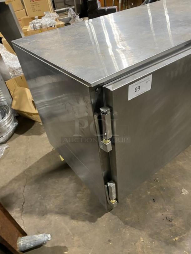 Beverage-Air stainless steel 2-door undercounter refrigerator, with poly-coated racks, 115V, on casters, label "99".