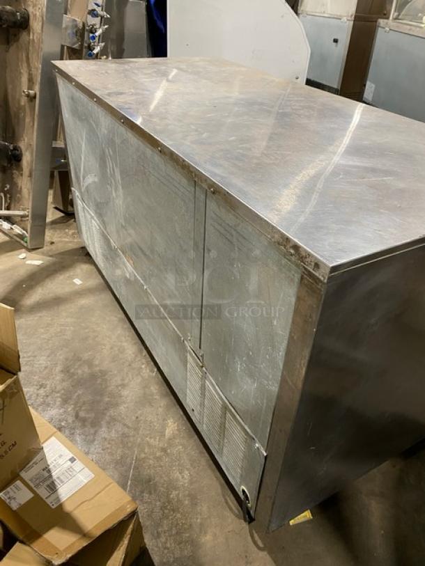 Beverage-Air stainless steel 2-door undercounter refrigerator on casters, with poly-coated wired rack. 115V, 1 phase.