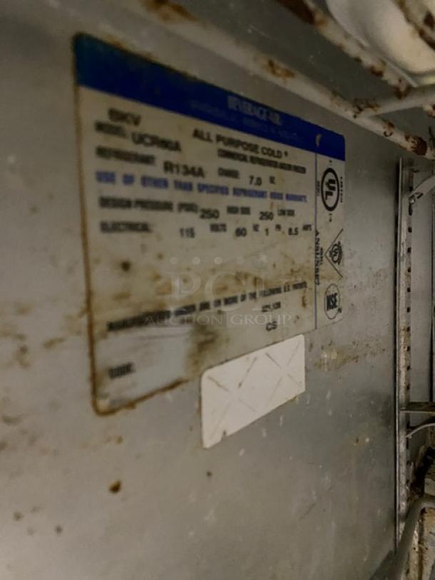 Beverage-Air stainless steel 2-door undercounter refrigerator; visible label shows model and specs; poly coated rack; on casters.