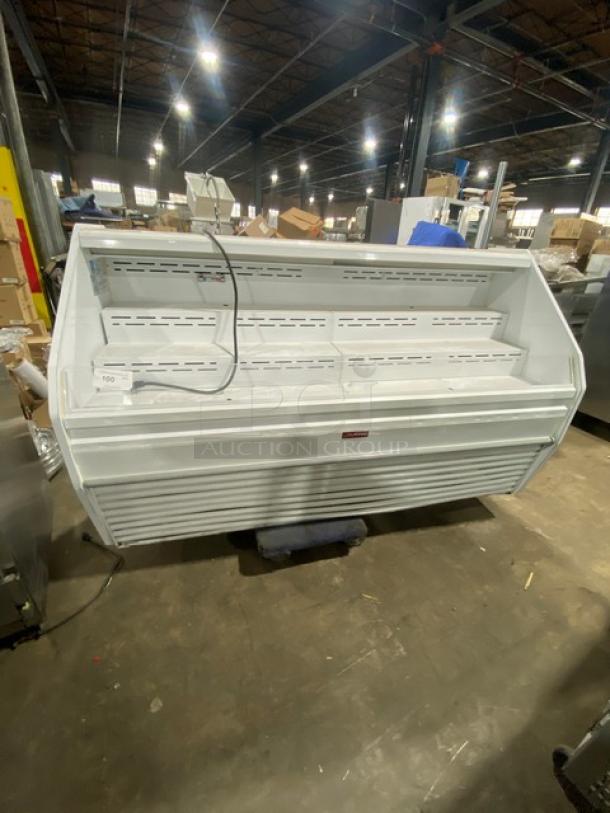 McCray S32E-6-LED multi-tier refrigerated open display case, white, used condition, 115V 1 Phase, serial number 14-36872-11.