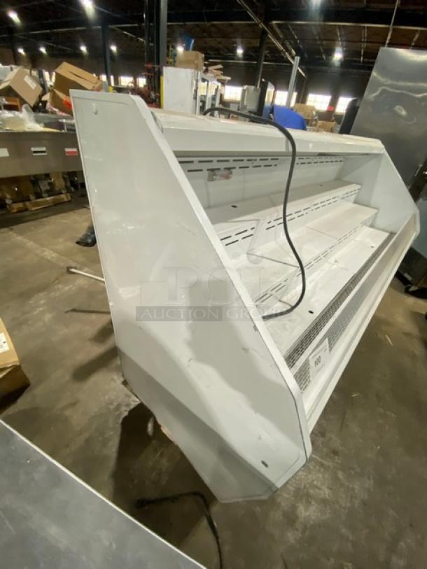 McCray S32E-6-LED multi-tier refrigerated display case, white, open grab-n-go design, 115V 1 Phase, commercial use.