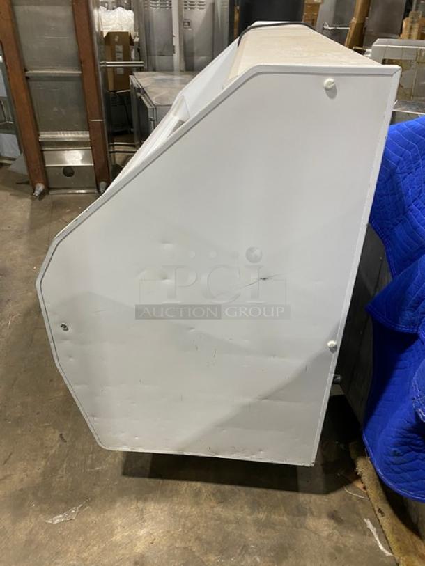 McCray S32E-6-LED refrigerated display case, white, multi-tier, side view, visible wear, 115V 1 Phase, SN: 14-36872-11.