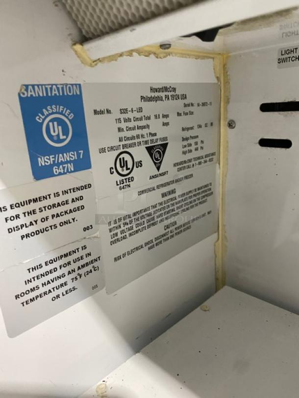 McCray Commercial Refrigerated Display Case, Model S32E-6-LED, 115V 1 Phase, UL listed, suitable for packaged products.