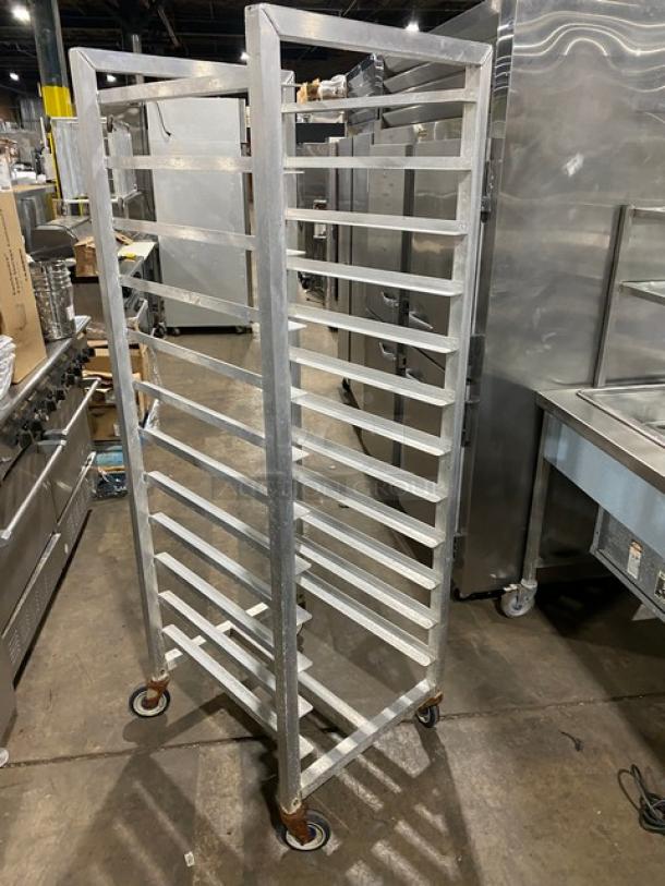 Alexander Industries heavy-duty pan rack on casters, metal design, commercial use, excellent condition, ideal for transport.