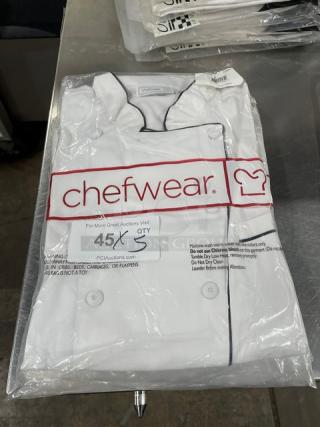 NEW Chefwear CW5690CWP1 white chef coat, size M, black piping, in original packaging.