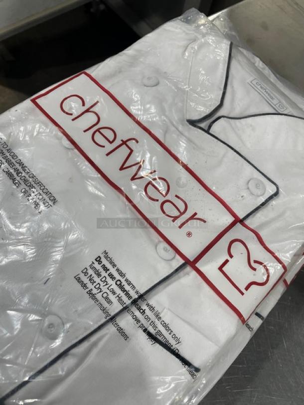 NEW Chefwear white chef coat, Model CW5690CWP1, M-size, black piping, in original packaging, pristine condition.