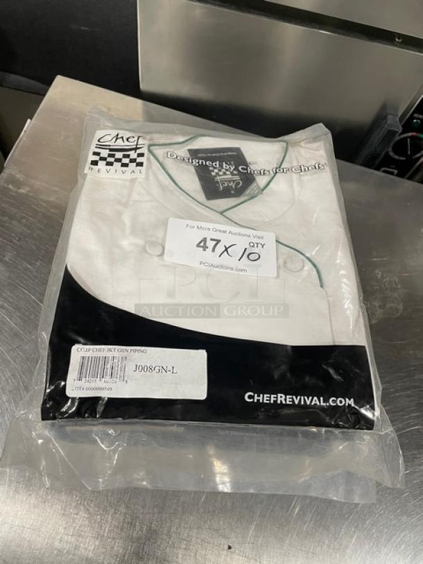 NEW Chef Revival Model J008GN-L white chef coat, L-size, green piping, sealed packaging, labeled "47X/10" for auction.