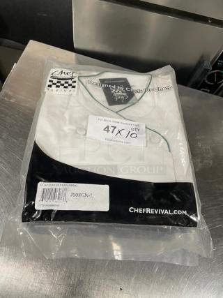 NEW Chef Revival Model J008GN-L white chef coat, L-size, green piping, sealed packaging, labeled "47X/10" for auction.