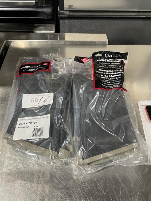 NEW Ritz Chef-Line Series Black Pyrotex Oven Mitts, Model CL2PX27BKBK, fire resistant, in original packaging.