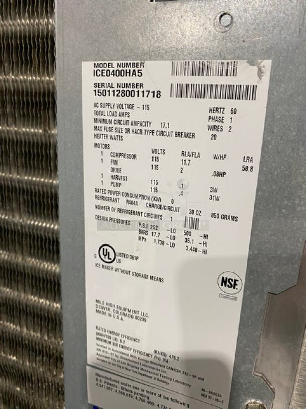 Ice-O-Matic ICE0400HA5 stainless steel ice maker, Energy Star certified, electric, air-cooled, 115V, on legs, visible specifications.