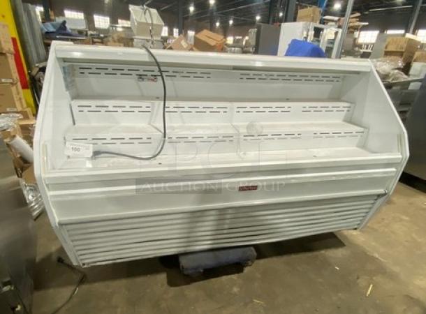 McCray S32E-6-LED multi-tier refrigerated open display case, white, used condition, 115V 1 Phase, serial number 14-36872-11.