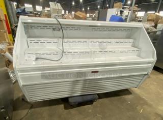 McCray S32E-6-LED multi-tier refrigerated open display case, white, used condition, 115V 1 Phase, serial number 14-36872-11.