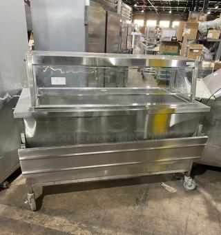 Delfield stainless steel refrigerated cold food bar, model N8156B, with sneeze guard, tray slide, undershelf, on casters.