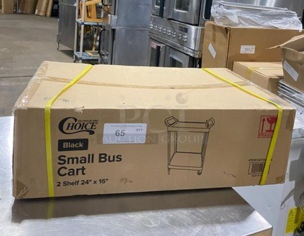Choice Commercial Black 2 Shelf Small Bus Cart, Model 109CARTBS2BK, new in box, dimensions 24"x16", ideal for kitchens.