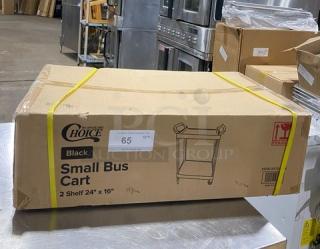 Choice Commercial Black 2 Shelf Small Bus Cart, Model 109CARTBS2BK, new in box, dimensions 24"x16", ideal for kitchens.