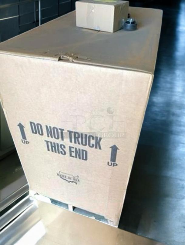 Brand new Beverage-Air BB48HC-1-B-27-ALT back bar refrigerator in original packaging, labeled "Do Not Truck This End."