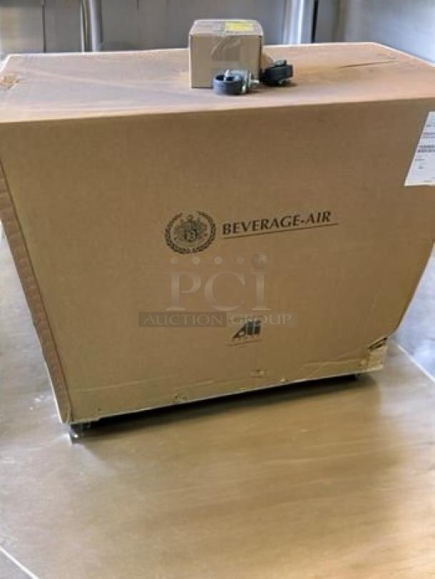 Brand new Beverage-Air BB48HC-1-B-27-ALT back bar refrigerator in original box, labeled with model and brand markings.