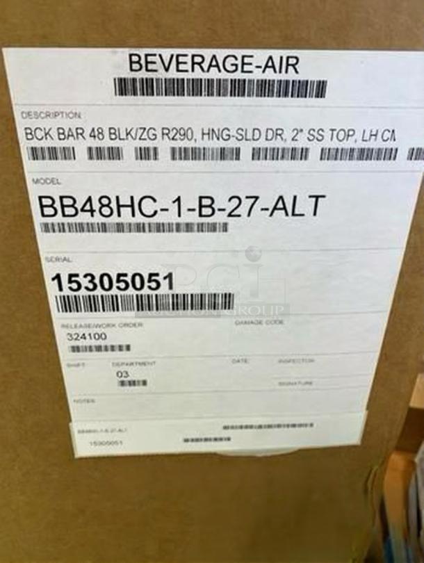 Brand new Beverage-Air BB48HC-1-B-27-ALT back bar refrigerator label, 2-door, 120V, in original box, model details visible.