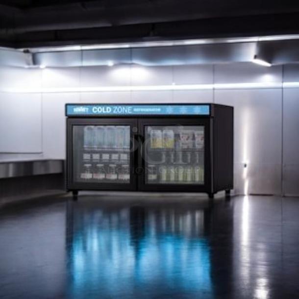Brand New Summit SCR3502D commercial double-door display refrigerator, 120V, in original box, sleek design, ideal for retail.