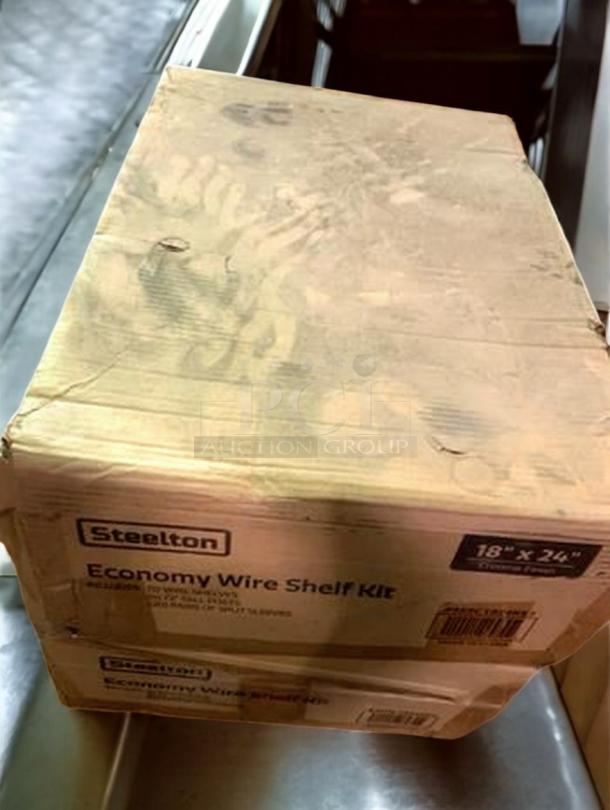 Steelton 18" x 24" Wire Shelf Kit in chrome finish, model #465C1824KE5, boxed in like-new condition, ready for use.