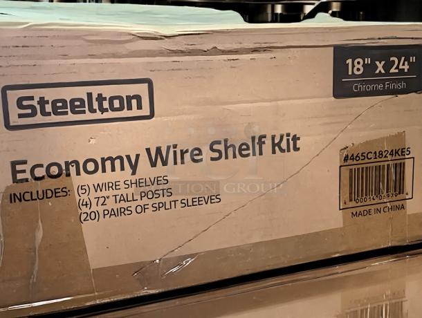 Steelton wire shelf kit in like-new condition, model #465C1824KE5. Includes five 18"x24" chrome wire shelves, four 72" tall posts, and 20 pairs of split sleeves.