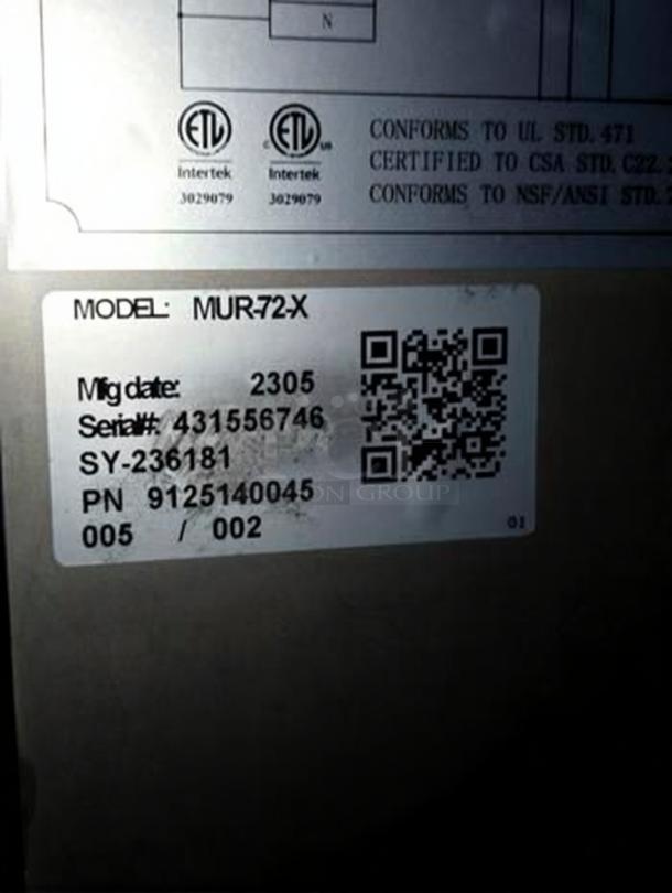 Label on Turbo Air MUR-72X undercounter refrigerator showing model, serial number, and certification marks.