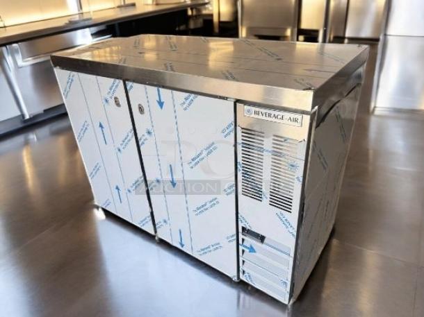 Beverage-Air 3-door stainless steel underbar refrigerator, pristine, brand new, fully operational, 120V, protective wrap intact.