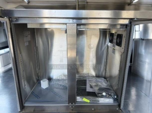 Beverage-Air 3-door underbar refrigerator, stainless steel, brand new, fully operational, 120V, pristine condition, interior view.