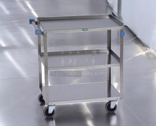 Stainless steel 3-tier utility cart in outstanding condition. Heavy-duty, fully tested, smooth-rolling wheels, blue handles.