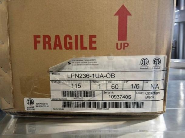 Brand-new Mars LPN236-1UA-OB 36" air curtain in Obsidian Black, factory sealed. 115V, 60Hz, labeled as fragile.