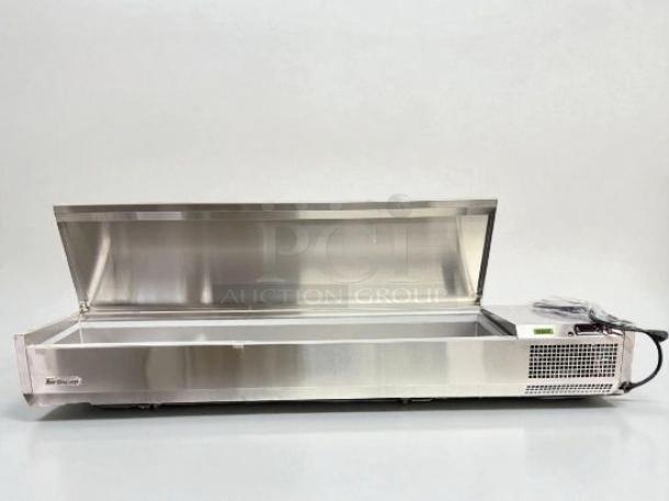 Turbo Air CTST Series countertop salad prep table, stainless steel, brand new condition, open lid, 120V, perfect for commercial use.