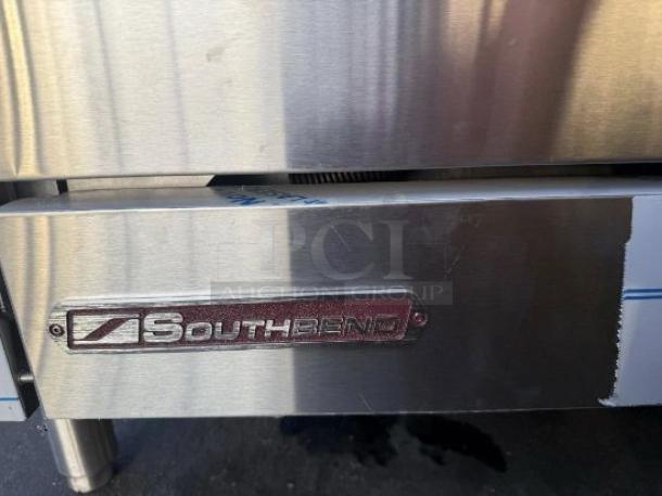 Southbend 10-burner gas range with standard oven, pristine condition, stainless steel finish, Southbend logo visible.