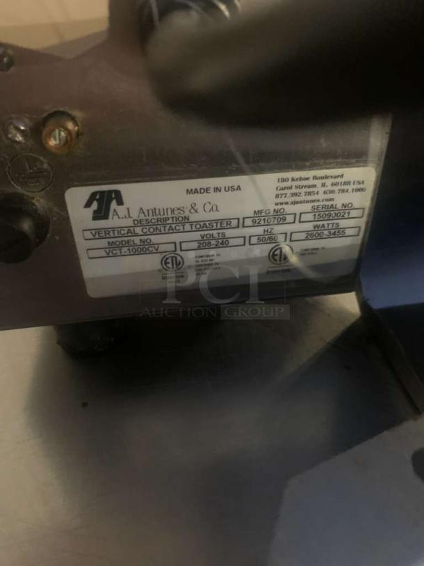 A.J. Antunes & Co. VCT-1000CV vertical contact toaster, superb condition, 208–240V, fully tested. Made in USA.