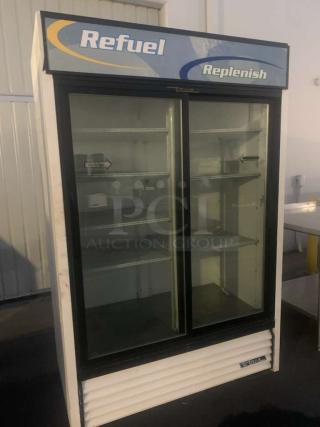 True GDM-45 double glass door merchandiser refrigerator, prime condition, fully tested, 115V, model tagged "Refuel" and "Replenish."