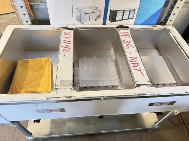 Advance Tabco HF-3G-NAT 3-well gas hot food table in excellent condition, natural gas, fully tested and working, labeled.