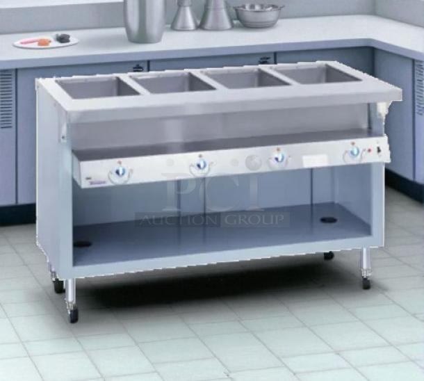 Duke E304 Hot Food Table, 58 3/8", with 4 Wells & Cutting Board, 240V/1PH, fully tested, excellent condition, stainless steel.