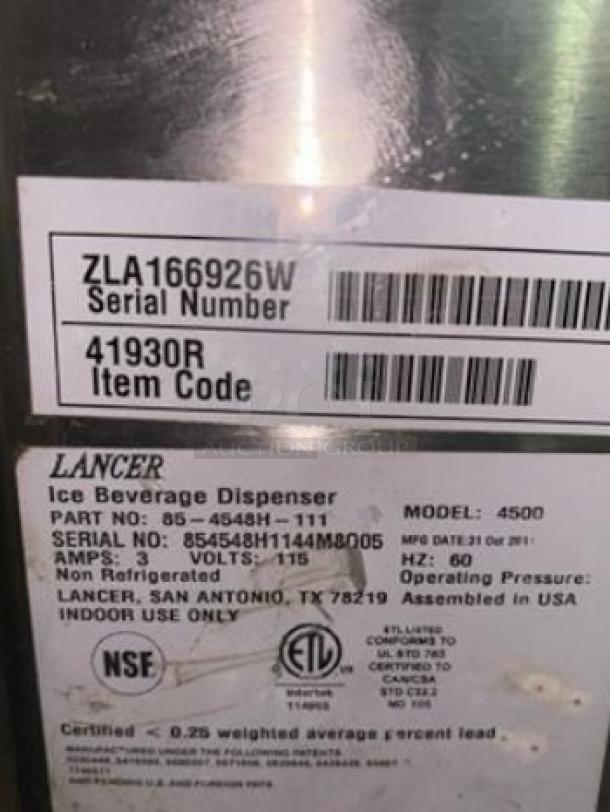 Lancer 4500 ice beverage dispenser tags showing serial number ZLA166926W, model 4500, NSF and ETL listed, 115V, assembled in USA.