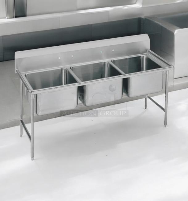Advance Tabco T9-3-54, 3-compartment stainless steel sink, NSF certified, pristine condition, fully tested.