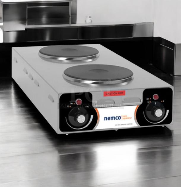 Nemco 6310-2 double solid burner electric hot plate, excellent condition, 208V/240V, fully tested, "Caution Hot" label.