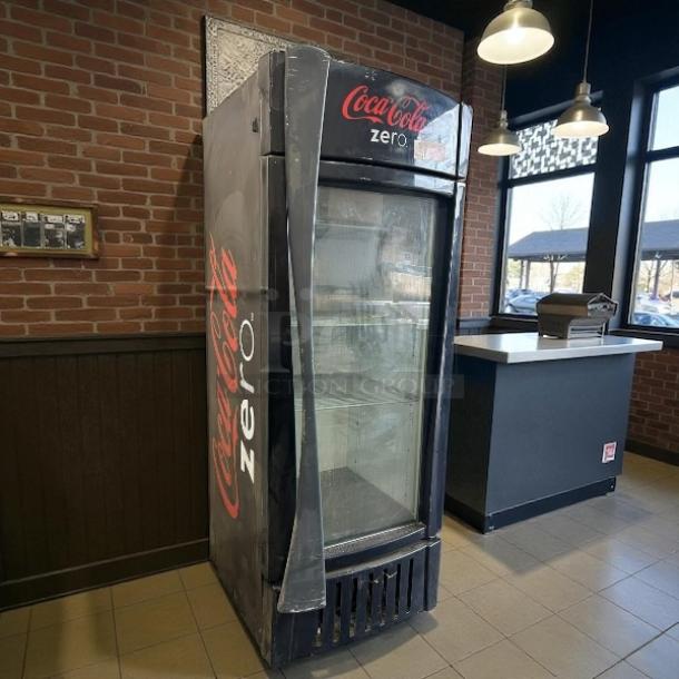 True GDM-26-HC~TSL01 glass door merchandiser, 30", excellent condition, Coca-Cola Zero branding, tested, 115v.