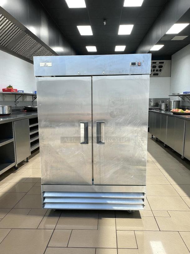 Cooler Depot XB54F-HC 54" commercial double-door upright freezer in stainless steel, tested and working, good condition.