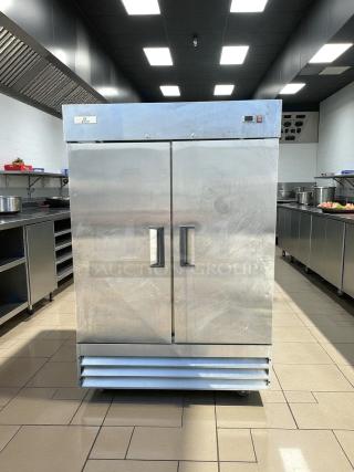 Cooler Depot XB54F-HC 54" commercial double-door upright freezer in stainless steel, tested and working, good condition.