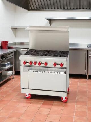 American Range AR-6, 36" six-burner gas range with standard oven in great condition, tested and working.