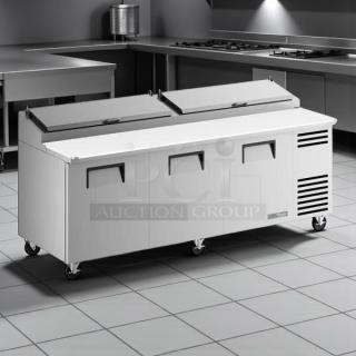 True TPP-AT2-93-HC refrigerated pizza prep table with overshelf. Tested and working condition. Stainless steel.